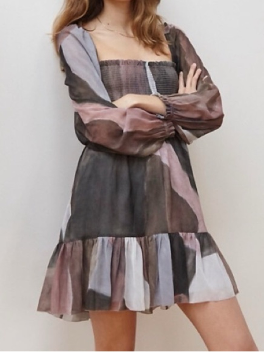 Wilfred Multicolor Watercolor Smocked Mini Dress — Gray, Mauve, Cream